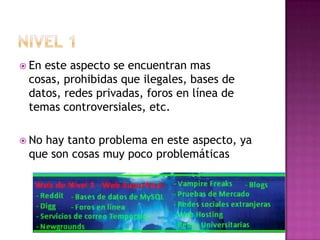  Eneste aspecto se encuentran mas
 cosas, prohibidas que ilegales, bases de
 datos, redes privadas, foros en línea de
 temas controversiales, etc.

 Nohay tanto problema en este aspecto, ya
 que son cosas muy poco problemáticas
 