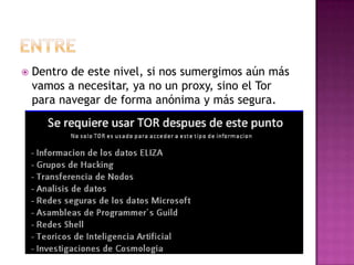    Dentro de este nivel, si nos sumergimos aún más
    vamos a necesitar, ya no un proxy, sino el Tor
    para navegar de forma anónima y más segura.
 