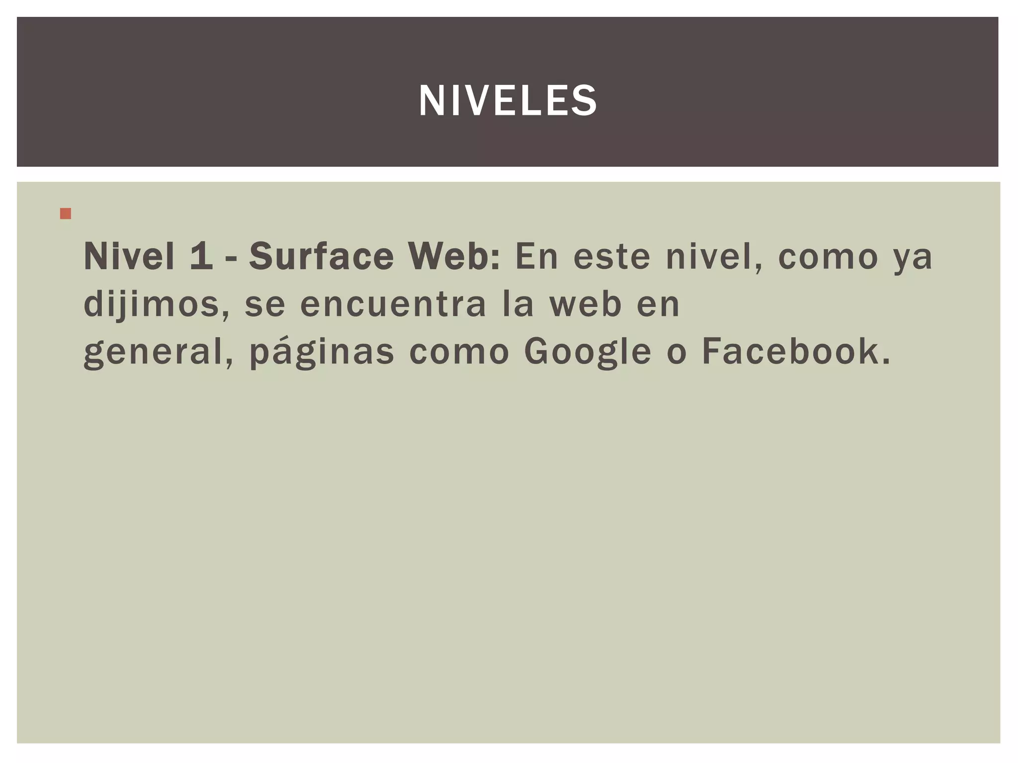 NIVELES


    Nivel 1 - Surface Web: En este nivel, como ya
    dijimos, se encuentra la web en
    general, páginas como Google o Facebook.
 