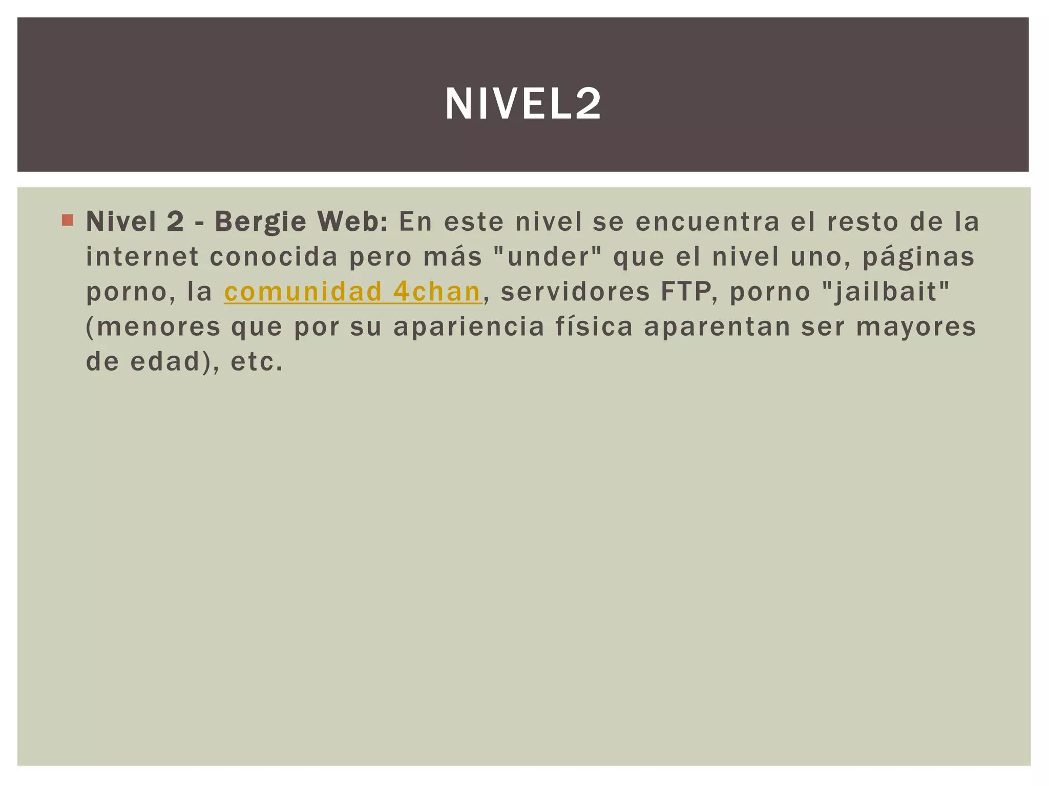 NIVEL2

 Nivel 2 - Bergie Web: En este nivel se encuentra el resto de la
  internet conocida pero más " under" que el nivel uno, páginas
  porno, la comunidad 4chan, servidores FTP, porno " jailbait"
  (menores que por su apariencia física aparentan ser mayores
  de edad), etc.
 