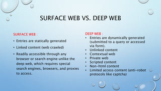 SURFACE WEB VS. DEEP WEB
SURFACE WEB :
• Entries are statically generated
• Linked content (web crawled)
• Readily accessible through any
browser or search engine unlike the
deep web, which requires special
search engines, browsers, and proxies
to access.
DEEP WEB :
• Entries are dynamically generated
(submitted to a query or accessed
via form).
• Unlinked content
• Contextual web
• Private web
• Scripted content
• Non-html content
• Limited access content (anti-robot
protocols like captcha)
 