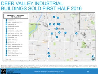 2150 East Highland Ave. #207
Phoenix, 85016
602-955 3500
WWW.CutlerCommercial.com
All information furnished is from sources deemed reliable. No representation is made as to the accuracy thereof and it is submitted subject to errors, omissions, changes, or withdrawal without notice and to any special listings conditions, including
the rate and manner of payment of commissions for particular offerings imposed by principals or agreed to by the company, the terms of which are available to interested principals or brokers. All dimensions are approximate. Owner and/or Broker
make no representations expressed or implied as to the accuracy of floor plan/site plan dimensions.
DEER VALLEY INDUSTRIAL
BUILDINGS SOLD FIRST HALF 2016
DEER VALLEY BY THE NUMBERS MID-YEAR 2016 11
 