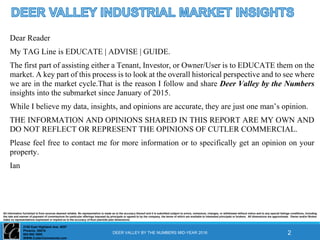 2150 East Highland Ave. #207
Phoenix, 85016
602-955 3500
WWW.CutlerCommercial.com
All information furnished is from sources deemed reliable. No representation is made as to the accuracy thereof and it is submitted subject to errors, omissions, changes, or withdrawal without notice and to any special listings conditions, including
the rate and manner of payment of commissions for particular offerings imposed by principals or agreed to by the company, the terms of which are available to interested principals or brokers. All dimensions are approximate. Owner and/or Broker
make no representations expressed or implied as to the accuracy of floor plan/site plan dimensions.
Dear Reader
My TAG Line is EDUCATE | ADVISE | GUIDE.
The first part of assisting either a Tenant, Investor, or Owner/User is to EDUCATE them on the
market. A key part of this process is to look at the overall historical perspective and to see where
we are in the market cycle.That is the reason I follow and share Deer Valley by the Numbers
insights into the submarket since January of 2015.
While I believe my data, insights, and opinions are accurate, they are just one man’s opinion.
THE INFORMATION AND OPINIONS SHARED IN THIS REPORT ARE MY OWN AND
DO NOT REFLECT OR REPRESENT THE OPINIONS OF CUTLER COMMERCIAL.
Please feel free to contact me for more information or to specifically get an opinion on your
property.
Ian
DEER VALLEY BY THE NUMBERS MID-YEAR 2016 2
 