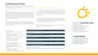 Horaires d’ouverture
Lundi au vendredi : 8h30 à 18h30
Samedi : sur rendez-vous
www.medicis-alternance.com
info@groupemedicis.com
Organisme agrée N° 11753278175
NOUS CONTACTER
Dossier de candidature en ligne
dans l’onglet «Inscrivez-vous» sur
www.medicis-alternance.com
ou envoyépar courrier sur simple
demande téléphonique.
S’INSCRIRE
COMMUNICATION
DEES COM | SPÉCIALISATION (BAC+3)
DIPLÔME DE LA FEDE(1)
ALTERNANCE • FORMATION CONTINUE • EN PARTENARIAT
Profil
Après deux années d’études en cycle supérieur, vous souhaitez vous spé-
cialiser et donner une valeur ajoutée à votre cursus. Dynamique, créatif et
ambitieux, vous êtes doté de réelles qualités relationnelles, et d’un goût
prononcé pour les responsabilités. Votre ouverture d’esprit et votre force de
travail apporteront une dimension stratégique à vos fonctions. Vos bases
solides en langues étrangères seront des atouts majeurs qui faciliteront
votre progression professionnelle.
Objectif
Évoluer au sein d’une entreprise, dans les services à connotation commer-
ciale, administrative ou financière, vous aurez en charge la mise en place de
la stratégie, des outils nécessaires à celle-ci et vous participerez de manière
active à son application.
Vous serez formé aux technologies de l’information et de la communication
(TIC), aux différents aspects du marketing, à la gestion et à l’encadrement
d’équipes, à la définition des objectifs commerciaux, ainsi qu’à l’étude et à
la connaissance de votre environnement, de vos concurrents, de vos cibles
et de vos clients.
Tronc commun
La validation des compétences dans cette Unité d’Enseignement s’appuie
sur les échelles de référence établies par le Cadre Européen Commun de Ré-
férence pour les langues (CECR) du Conseil de l’Europe, indicateur européen
de compétence linguistique utilisé par la FEDE.
Débouchés
Chef de produit junior, assistant de communication, assistant en marketing
operationnel, chargé de communication.
Programme
Les fondamentaux :
• L’Europe, unicité des valeurs, diversité cul-
turelle
• La construction européenne, ses institutions
dans le cadre international
• Le management interculturel et les ressources
humaines
• Module optionnel : le monde des affaires et
les particularités européennes
• Langue Vivante Européenne 1
Les matières de spécialisation :
• Histoire de la communication d’entreprise
• Études et outils quantitatifs
• Conception des différentes études
• Domaines d’études de communication com-
merciale
• Prospection et négociation
• Stratégie de communication
• Communication commerciale des entreprises
(1) Fédération Européenne Des Écoles
Les frais liés à l’examen sont à la charge de l’apprenant si ces derniers ne sont pas pris en charge par l’entreprise
d’accueil.
épreuves Mode Durée Coeff.
L’Europe, unicité des valeurs, diversité culturelle QCM 45mn 1
La construction européenne, ses institutions dans le
cadre international
QCM 45mn 1
Le management interculturel et les ressources
humaines QCM 45mn 2
Le monde des affaires et les particularités européennes
(option) QCM 45mn 1
Langue Vivante Européenne 1 écrit
oral
1h
45mn 4
Techniques professionnelles écrit
entretien professionnel
6h
30mn
6
6
Langue Vivante Européenne 2 (facultatif) écrit
oral
1h
45mn
Langue Vivante Européenne 3 (facultatif) écrit
oral
1h
45mn
Modules de compétences professionnelles (facultatif) écrit 2h
 
