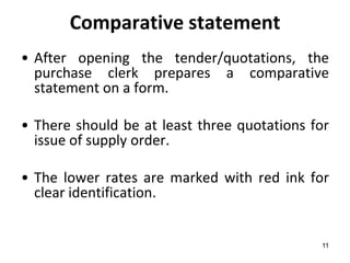 Comparative statement
• After opening the tender/quotations, the
  purchase clerk prepares a comparative
  statement on a form.

• There should be at least three quotations for
  issue of supply order.

• The lower rates are marked with red ink for
  clear identification.


                                             11
 