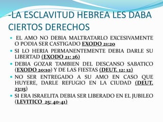 -LA ESCLAVITUD HEBREA LES DABA
CIERTOS DERECHOS
 EL AMO NO DEBIA MALTRATARLO EXCESIVAMENTE
O PODIA SER CASTIGADO EXODO 21:20
 SI LO HERIA PERMANENTEMENTE DEBIA DARLE SU
LIBERTAD (EXODO 21: 26)
 DEBIA GOZAR TAMBIEN DEL DESCANSO SABATICO
(EXODO 20:10) Y DE LAS FIESTAS (DEUT. 12: 12)
 NO SER ENTREGADO A SU AMO EN CASO QUE
HUYERE, DARLE REFUGIO EN LA CIUDAD (DEUT.
23:15)
 SI ERA ISRAELITA DEBIA SER LIBERADO EN EL JUBILEO
(LEVITICO 25: 40-41)
 