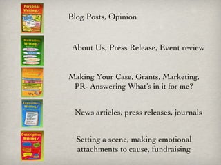 Blog Posts, Opinion About Us, Press Release, Event review Making Your Case, Grants, Marketing, PR- Answering What’s in it for me? News articles, press releases, journals Setting a scene, making emotional attachments to cause, fundraising 