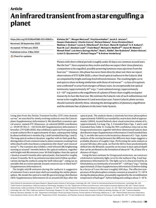 Nature | Vol 617 | 4 May 2023 | 55
Article
Aninfraredtransientfromastarengulfinga
planet
Kishalay De1✉, Morgan MacLeod2
, Viraj Karambelkar3
, Jacob E. Jencson4
,
Deepto Chakrabarty1
, Charlie Conroy2
, Richard Dekany5
, Anna-Christina Eilers1
,
Matthew J. Graham3
, Lynne A. Hillenbrand3
, Erin Kara1
, Mansi M. Kasliwal3
, S. R. Kulkarni3
,
Ryan M. Lau6
, Abraham Loeb2,7
, Frank Masci8
, Michael S. Medford9,10
, Aaron M. Meisner6
,
Nimesh Patel2
, Luis Henry Quiroga-Nuñez11
, Reed L. Riddle5
, Ben Rusholme8
, Robert Simcoe1
,
Loránt O. Sjouwerman12
, Richard Teague2,13
& Andrew Vanderburg1
Planetswithshortorbitalperiods(roughlyunder10 days)arecommonaroundstars
liketheSun1,2
.Starsexpandastheyevolveandthusweexpecttheircloseplanetary
companionstobeengulfed,possiblypoweringluminousmassejectionsfromthe
hoststar3–5
.However,thisphasehasneverbeendirectlyobserved.Herewereport
observationsofZTFSLRN-2020,ashort-livedopticaloutburstintheGalacticdisk
accompaniedbybrightandlong-livedinfraredemission.Theresultinglightcurve
andspectrasharestrikingsimilaritieswiththoseofrednovae6,7
—aclassoferuptions
nowconfirmed8
toarisefrommergersofbinarystars.Itsexceptionallylowoptical
luminosity (approximately 1035
erg s−1
) and radiated energy (approximately
6.5 × 1041
erg)pointtotheengulfmentofaplanetoffewerthanroughlytenJupiter
massesbyitsSun-likehoststar.WeestimatetheGalacticrateofsuchsubluminousred
novaetoberoughlybetween 0.1andseveralperyear.FutureGalacticplanesurveys
shouldroutinelyidentifythese,showingthedemographicsofplanetaryengulfment
andtheultimatefateofplanetsintheinnerSolarSystem.
Using data from the Zwicky Transient Facility (ZTF) time domain
survey9
, we searched for slowly evolving outbursts near the Galactic
plane (Supplementary Information 1). We identified a transient opti-
cal source, named ZTF 20aazusyv, at celestial J2000 coordinates
α = 19:09:39.783, δ = +05:35:04.269 (Supplementary Information 5;
hereafter,ZTFSLRN-2020),thatexhibitedarapidrisefromquiescence
to peak outburst flux in approximately 10 days, subsequently fading
byabouttenfoldover6 months(Fig.1andExtendedDataFigs.1and2).
The long optical outburst duration, together with its faint peak flux,
distinguishesitfromcommonGalacticplanetransientsresultingfrom
whitedwarfswithclosebinarycompanions(the‘dwarf’and‘classical’
novae10
). The transient also exhibits a mid-infrared (IR) brightening
starting at around 7 months before the optical outburst, together
with bright mid-IR emission (over 50-fold brighter than the optical
r-bandat around 4 monthsafteropticalpeak),thatlastedforroughly
atleast 15 months.NoX-rayemissionwasdetectedinfollow-upobser-
vations during the outburst using the Swift telescope11
, ruling out an
unstable disk accretion episode around a neutron star or black hole12
(Supplementary Information 4).
The bright mid-IR emission during the outburst is suggestive
of emission from a warm dust shell surrounding the stellar photo-
sphere. We model the optical to mid-IR spectral energy distribution
(SED; Supplementary Information 12) at around 120 days after the
optical peak. The analysis shows a relatively hot inner photosphere
(approximately 9,000 K)surroundedbyawarmdustshellofapproxi-
mately 1,000 K, located behind a dust visual extinction column of AV
(approximately 3.6 mag; Fig. 2, Extended Data Figs. 5 and 6 and
Extended Data Table 3). Using the 90% confidence interval on the
foregroundextinction,togetherwiththree-dimensionalGalacticdust
distributionmaps(SupplementaryInformation13andExtendedData
Fig.7),weinferthesourcetobelocatedatadistanceof2–7 kpc.Ajoint
analysis of the overlap between the different dust maps suggests a
probable distance of roughly 4 kpc. Performing the same analysis at
around 320 days after peak, we find the SED to have predominantly
shifted into the IR bands caused by an increase in dust optical depth
that can be attributed to the formation of about 10−6
M⊙ of dust (for a
distance of 4 kpc).
Using the best estimate for foreground extinction, we construct
a bolometric luminosity light curve for the outburst (Fig. 2 and Sup-
plementary Information 13). The light curve is characterized by an
initialplateauataluminosityofaround 1035
× (d/4 kpc)2
erg s−1
lasting
approximately 25days(SupplementaryInformation13)beforefading
by a factor of 5 over the next (roughly) 100 days. The effective tem-
peratureofthephotosphereremainsconstantataround (6−7) × 103
K
duringtheplateauphase,presumablyregulatedbytherecombination
temperatureofhydrogen13
,beforefadingandcoolingtoabout 5 × 103
K.
https://doi.org/10.1038/s41586-023-05842-x
Received: 29 September 2022
Accepted: 14 February 2023
Published online: 3 May 2023
Check for updates
1
Kavli Institute for Astrophysics and Space Research, Massachusetts Institute of Technology, Cambridge, MA, USA. 2
Center for Astrophysics/Harvard & Smithsonian, Cambridge, MA, USA.
3
Cahill Center for Astrophysics, California Institute of Technology, Pasadena, CA, USA. 4
Department of Physics and Astronomy, Johns Hopkins University, Baltimore, MD, USA. 5
Caltech Optical
Observatories, California Institute of Technology, Pasadena, CA, USA. 6
NSF’s National Optical-Infrared Astronomy Research Laboratory, Tucson, AZ, USA. 7
Black Hole Initiative, Harvard University,
Cambridge, MA, USA. 8
IPAC, California Institute of Technology, Pasadena, CA, USA. 9
Department of Astronomy, University of California, Berkeley, Berkeley, CA, USA. 10
Lawrence Berkeley
National Laboratory, Berkeley, CA, USA. 11
Department of Aerospace, Physics and Space Sciences, Florida Institute of Technology, Melbourne, FL, USA. 12
National Radio Astronomy Observatory,
Array Operations Center, Socorro, NM, USA. 13
Department of Earth, Atmospheric, and Planetary Sciences, Massachusetts Institute of Technology, Cambridge, MA, USA. ✉e-mail: kde1@mit.edu
 