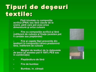 T ipuri de de ş euri textile: -            P ă r ţ i tricotate cu compozi ţ ie acrilic ă  (PNA) sau l â n ă  c ă zute de la croire, p ă r ţ i care pot avea orice dimensiune  ş i orice culoare -          Fire cu compozi ţ ie acrilic ă   ş i l â n ă  indiferent de culoare  ş i fine ţ e (acestea pot fi cardate sau piept ă nate) -          Fire  ş i capete f âş ii provenite din tes ă torii  î n compozi ţ ia c ă rora predomin ă  l â na, indiferent de culoare -          Margini de tes ă turi de la r ă zboaiele de  ţ esut ( ş i acestea pot fi 100% PES sau  î n combina ţ ie) -          Piept ă n ă tura de l â n ă -          Fire de bumbac -          Bumbac, in, c â nep ă   