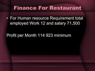 Finance For Restaurant
• For Human resource Requirement total
employed Work 12 and salary 71,500
Profit per Month 114 923 minimum
 