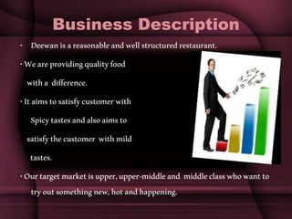 Business Description
• Deewanisareasonableandwellstructuredrestaurant.
•Weareprovidingqualityfood
witha difference.
•Itaimstosatisfycustomerwith
Spicytastesandalsoaimsto
satisfythecustomer withmild
tastes.
•Ourtargetmarketisupper,upper-middleand middleclasswhowantto
tryoutsomethingnew,hotandhappening.
 