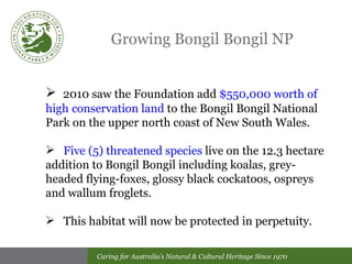Growing Bongil Bongil NP 2010 saw the Foundation add  $550,000 worth of high  conservation land  to the Bongil Bongil National Park on the upper north coast of New South Wales. Five (5) threatened species  live on the 12.3 hectare  addition to Bongil Bongil including koalas, grey- headed flying-foxes, glossy black cockatoos, ospreys  and wallum froglets. This habitat will now be protected in perpetuity. 