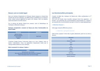 Deezer.com en mode logué

Les fonctionnalités principales

Dans son interface d’exploration et d’écoute, Deezer propose un résumé des
activités des amis de l’utilisateur, qui défile de façon synthétique sur la colonne à
droite. Deezer permet également de gérer son compte, créer ses playlists,
ajouter des albums et artistes favoris.

Ci-après, le détail des rubriques de Deezer.com, telles qu’observées le 1
septembre 2013.
D’ici la fin de l’année, deux nouvelles rubriques feront leur apparition : « A
écouter » qui présentera des recommandations personnalisées et « Explorer »
qui proposera des recommandations par genre musical ou origine géographique.

Sur la colonne de gauche, Deezer.com propose, outre la bibliothèque de
l’utilisateur, différentes rubriques :
Rubriques d’exploration musicale de Deezer.com (hors fonctionnalités de
lecture audio)

er

« Sélection Deezer »
Cette page comporte différentes sections :
« Sélection » par genre musical

Découverte

Applications

Sélection Deezer
Recommandations
Top Ecoutes
Radios

App Studio

Cette section propose 5 titres dans le genre sélectionné, parmi les 12 cités cidessous :
Alternative
Pop

L’interface change lorsque l’internaute clique sur le lien « Radios » dans la
section « Découverte ». Ainsi, les applications disparaissent tandis que la
rubrique Radios dévoile ses sous-rubriques.

Chanson Française
Rock
Metal
Jazz

Menu contextuel à la rubrique « Radios »
Radios
Recherche par nom d’artiste
Mes radios favorites (liste des radios suivies par l’utilisateur)
Radios thématiques (liste sous forme de tags)

Hip-Hop
Electro
Dance
Rnb / Soul
Musiques du Monde
Bandes Originales

© Observatoire de la musique

Page 10

 
