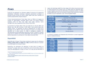 ITUNES
iTunes est une application sur ordinateur dédiée à la lecture et à la gestion de
bibliothèque multimédia numérique, distribuée gratuitement par Apple. La
première version d'iTunes est sortie en 2001, Apple l’avait alors rachetée à la
39
société Casady & Greene, disparue depuis .
L'iTunes Store (anciennement iTunes Music Store ou iTMS) est le magasin de
musique en ligne d'Apple, accessible depuis iTunes, qui permet d'obtenir
musiques, séries TV, films, clips vidéo, livres audio, podcasts, courts
métrages Pixar, jeux et applications pour iPhone, iPod et iPad.
Le lancement de l'iTunes Music Store aux Etats-Unis le 28 avril 2003 s’est
effectué avec 200 000 morceaux à 0,99 dollars. Autre grande étape dans
l'histoire iTunes : le lancement du store au Royaume-Uni, en France et en
Allemagne en juin 2004 (le reste de l’Europe de l’ouest et le Canada avant
décembre de la même année). Fin 2004, la plateforme enregistre son
40
100 millionième morceau téléchargé. Aujourd’hui, le store a atteint un nouveau
record avec 25 milliards de morceaux téléchargés, parmi lesquels les tubes des
Beatles, disponibles en numérique sur iTunes depuis novembre 2010.

Disponibilité
Disponible dans 119 pays, l’iTunes Store constitue le moyen pour les utilisateurs
d’iPhone, d’iPad, d’iPod, de l’Apple TV, de Mac et de PC, de découvrir, d’acheter
et de télécharger de la musique en ligne.
Aujourd'hui, les internautes ont désormais le choix entre 35 millions de
41
morceaux . Le single « Get Lucky » de Daft Punk, sorti le 19 avril 2013, a battu le
record de téléchargement en ligne en France. En un peu plus de 48 heures, le

single a été téléchargé 38 887 fois. Selon Apple, 435 millions de personnes dans
le monde disposent d’un compte iTunes. Ce chiffre datant de septembre 2012,
on peut imaginer que la barre des 500 millions est désormais atteinte. Le chiffre
d’affaires généré par iTunes lors du premier trimestre 2013 serait de 2,4 milliards
de dollars. Ce qui ne représente « que » 5% du CA global d'Apple.
Dates clés

Pays

28 avril 2003
15 juin 2004

Lancement iTunes aux USA
Allemagne, France et Royaume-Uni
Autriche, Belgique, Espagne, Finlande, Grèce, Italie,
Luxembourg, Pays-Bas et Portugal

26 octobre 2004
3 décembre
2004
10 mai 2005
4 août 2005
24 octobre 2005
6 décembre
2006

Canada
Danemark, Norvège, Suède et Suisse
Japon
Australie
Nouvelle-Zélande

La richesse du catalogue mis à disposition des internautes n’a cessé d’augmenter
depuis la création du service :
Dates

Nombre de titres

Avril 2003
Février 2006
Juillet 2007
Janvier 2008
Juin 2008
Janvier 2009
Fin 2011
Aujourd’hui

200 000
2 millions
5 millions
6 millions
8 millions
10 millions
20 millions
35 millions

http://fr.wikipedia.org/wiki/ITunes
http://www.challenges.fr/high-tech/20130426.CHA8865/retour-sur-10-ans-d-histoire-de-litunes-d-apple.html
34http://www.gqmagazine.fr/culture-web/hi-tech-story/articles/itunes-10-ans-de
revolution/18698
39
40

© Observatoire de la musique

Page 51

 