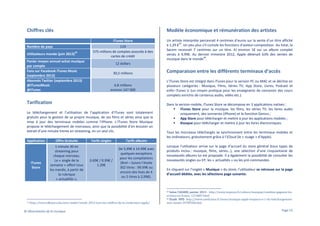 Chiffres clés

Modèle économique et rémunération des artistes
iTunes Store

Nombre de pays
42

Utilisateurs monde (juin 2013)

Panier moyen annuel achat musique
par compte
Fans sur Facebook iTunes Music
(septembre 2013)
Abonnés Twitter (septembre 2013)
@iTunesMusic
@iTunes

119
575 millions de comptes associés à des
cartes de crédit
12 dollars
30,5 millions
4,8 millions
environ 147 000

Tarification
Le téléchargement et l’utilisation de l’application d’iTunes sont totalement
gratuits pour la gestion de sa propre musique, de ses films et séries ainsi que la
mise à jour des terminaux mobiles comme l’iPhone. L’iTunes Store Musique
propose le téléchargement de morceaux, ainsi que la possibilité d’en écouter un
extrait d’une minute trente en streaming, en un seul clic.
Application

iTunes
Store

42

Offre Gratuite
1 minute 30 en
streaming pour
chaque morceau.
Le « single de la
semaine » offert tous
les mardis, à partir de
la rubrique
« actualités ».

Tarifs singles

0.69€ / 0.99€ /
1.29€

De 5,99€ à 14.99€ avec
quelques exceptions
pour les compilations
(Brel – Suivre l’étoile
302 titres : 99.99€ ou
encore des lives de 4
ou 5 titres à 2,99€).

Comparaison entre les différents terminaux d’accès
L’iTunes Store est intégré dans iTunes pour la version PC ou MAC et se décline en
plusieurs catégories : Musique, Films, Séries TV, App Store, Livres, Podcast et
enfin iTunes U (un moyen pratique pour les enseignants de concevoir des cours
complets enrichis de contenus audio, vidéo etc.).
Dans la version mobile, iTunes Store se décompose en 3 applications natives :
iTunes Store pour la musique, les films, les séries TV, les livres audio
uniquement, des sonneries (iPhone) et la fonction Genius ;
App Store pour télécharger et mettre à jour les applications mobiles ;
Kiosque pour télécharger et mettre à jour les livres électroniques.
Tous les morceaux téléchargés se synchronisent entre les terminaux mobiles et
les ordinateurs, gratuitement grâce à l’iCloud (le « nuage » d’Apple).

Tarifs albums

http://www.idboox.com/actu-reader/wwdc-2013-tous-les-chiffres-de-la-conference-apple/

© Observatoire de la musique

Un artiste interprète percevrait 4 centimes d’euros sur la vente d’un titre affiché
43
à 1,29 € . Un peu plus s'il cumule les fonctions d’auteur-compositeur. Au total, la
Sacem recevrait 7 centimes sur un titre. Et environ 1€ sur un album complet
vendu à 9,99€. Au dernier trimestre 2012, Apple détenait 63% des ventes de
44
musique dans le monde .

Lorsque l’utilisateur arrive sur la page d’accueil du store général (tous types de
produits inclus : musique, films, séries…), une sélection d’une cinquantaine de
nouveautés albums lui est proposée. Il a également la possibilité de consulter les
nouveautés singles ou EP, les « actualités » ou les pré-commandes.
En cliquant sur l’onglet « Musique » du store, l’utilisateur se retrouve sur la page
d’accueil dédiée, avec les sélections page suivante.

43 Selon l’ADAMI, janvier 2013 - http://www.lexpress.fr/culture/musique/combien-gagnent-lesartistes-en-france_1214887.html
44 Etude NPD http://www.cnetfrance.fr/news/musique-apple-toujours-n-1-du-telechargementavec-itunes-39789506.htm

Page 52

 