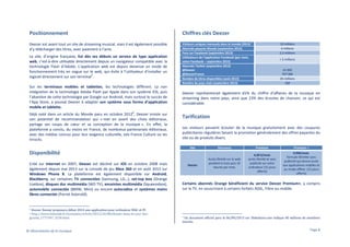 Positionnement

Chiffres clés Deezer

Deezer est avant tout un site de streaming musical, mais il est également possible
d’y télécharger des titres, avec paiement à l’acte.

Visiteurs uniques mensuels dans le monde (2013) 7
Abonnés payants Monde (septembre 2013)
Fans sur Facebook (septembre 2013)
Utilisateurs de l’application Facebook (par mois,
selon Facebook – septembre 2013)
Abonnés Twitter (septembre 2013)
@Deezer
@DeezerFrance
Nombre de titres disponibles (août 2013)
Nombre de pays visés (septembre 2013)

Le site, d’origine française, fut dès ses débuts un service de type application
web, c’est-à-dire utilisable directement depuis un navigateur compatible avec la
technologie Flash d’Adobe. L’application web est depuis devenue un mode de
fonctionnement très en vogue sur le web, qui évite à l’utilisateur d’installer un
5
logiciel directement sur son terminal .
Sur les terminaux mobiles et tablettes, les technologies diffèrent. La non
intégration de la technologie Adobe Flash par Apple dans son système iOS, puis
l’abandon de cette technologie par Google sur Android, mais surtout le succès de
l’App Store, a poussé Deezer à adapter son système sous forme d’application
mobile et tablette.
6

Déjà noté dans un article du Monde paru en octobre 2012 , Deezer insiste sur
son potentiel de recommandation qui « met en avant des choix éditoriaux,
partage ses coups de cœur et sa conception de la musique ». En effet, la
plateforme a conclu, du moins en France, de nombreux partenariats éditoriaux,
avec des médias connus pour leur exigence culturelle, tels France Culture ou les
Inrocks.

43 000
707 000
26 millions
182

Tarification
Les visiteurs peuvent écouter de la musique gratuitement avec des coupures
publicitaires régulières faisant la promotion généralement des offres payantes du
site ou de produits divers.
Discovery

Disponibilité

Deezer Deezer proposera début 2014 une application pour ordinateur MAC et PC
http://www.lemonde.fr/economie/article/2012/10/08/deezer-dans-la-cour-desgrands_1771947_3234.html

> 5 millions

Deezer représenterait également 65% du chiffre d’affaires de la musique en
streaming dans notre pays, ainsi que 23% des écoutes de chanson, ce qui est
considérable.

Site

Créé sur Internet en 2007, Deezer est décliné sur iOS en octobre 2008 mais
également depuis mai 2013 sur la console de jeu Xbox 360 et en août 2013 sur
Windows Phone 8. La plateforme est également disponible sur Android,
Blackberry, sur certaines TV connectées (Samsung, LG…), set-top box (Orange
Livebox), disques dur multimédia (WD TV), enceintes multimédia (Squeezebox),
automobile connectée (BMW, Mini) ou encore autoradios et systèmes mains
libres connectés (Parrot Asteroïd).

10 millions
4 millions
2,3 millions

Deezer

Accès illimité sur le web
pendant 6 mois puis 10
heures par mois

Premium

Premium +

4,99 €/mois
accès illimité et sans
publicité sur votre
ordinateur (15 jours
offerts)

9,99€/mois
formule illimitée sans
publicité qui donne accès
aux applications mobiles et
au mode offline. (15 jours
offerts)

Certains abonnés Orange bénéficient du service Deezer Premium+, y compris
sur la TV, en souscrivant à certains forfaits ADSL, Fibre ou mobile.

5
6

© Observatoire de la musique

Un document officiel paru le 06/09/2013 sur Slideshare.com indique 60 millions de membres
inscrits.

7

Page 8

 