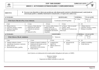 CEIP “SAN ISIDORO”

CURSO 2013-2014

ANEXO 3 : ACTIVIDADES EXTRAESCOLARES Y COMPLEMENTARIAS

OBJETIVO

B Favorecer una educación en valores que permita que cada alumno pueda construir su identidad personal y social, desde un
autoconcepto positivo y saludable, fomentando la comunicación y el respeto entre ambos sexos.

ACTIVIDADES

RESPONSABLE

TEMPORAL.


30 de Enero: Día de la Paz y la no violencia.
E.Inf.





Dibujos alusivos.
Canciones, poesías y cuentos.
Diálogo en asamblea.
Danza de la Paz.

2 Trm

2ºCiclo

 Lecturas y fichas alusivas.
 Realización de carteles.
 Audición de canciones
alusivas.
 Danza de la Paz.

3 Ciclo

 Lecturas sobre el tema a
trabajar a partir del
material que aporten los
coordinadores del RAEEP
e Igualdad.

ACTIVIDADES



 La Danza: “Abre la muralla”
 Carteles , lemas
 Participar en el concurso una
idea de paz.

RESPONSIBLE

28 de Febrero: Día de Andalucía.

Trabajar símbolos e himno.
Aprendizaje de poesías y canciones.
Fichas alusivas.
Decoración de aulas y pasillos



1 Ciclo




1a5

TEMPORAL.




2 Trm

EVALUACIÓN
 De

1a5

Tutores/as.

2ºCiclo

Trabajar el mapa de Andalucía.
Elaboración de murales con las
provincias y lo más
característico de las mismas.
Fichas alusivas.

EE

 . Dibujos alusivos.
 Canciones, poesías y cuentos.
 Diálogo en asamblea.








 De

Coordinador/a RAEEP/Igualdad.

1 Ciclo

E.Inf.

EVALUACIÓN

Competiciones
deportivas.
Dibujos alusivos al
tema.

3 Ciclo




EE

Decoración del
Centro.




Trabajo en asamblea.
Fichas alusivas.

Acto Colectivo, en colaboración de las madres/padres delegadas/os del centro y el AMPA
-

-

Desayuno Andaluz
- Cantar el himno
Exposición de trabajos realizados en cada ciclo.

Página	24	

 
