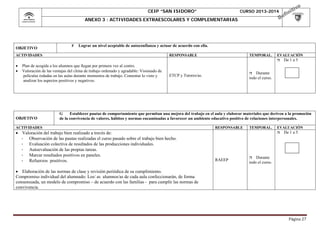 CEIP “SAN ISIDORO”

CURSO 2013-2014

ANEXO 3 : ACTIVIDADES EXTRAESCOLARES Y COMPLEMENTARIAS

OBJETIVO

F

Lograr un nivel aceptable de autoconfianza y actuar de acuerdo con ella.

ACTIVIDADES

RESPONSABLE

TEMPORAL.

EVALUACIÓN





Plan de acogida a los alumnos que llegan por primera vez al centro.
Valoración de las ventajas del clima de trabajo ordenado y agradable: Visionado de
películas rodadas en las aulas durante momentos de trabajo. Comentar lo visto y
analizar los aspectos positivos y negativos.

OBJETIVO

De 1 a 5

Durante
todo el curso.



ETCP y Tutores/as.

G
Establecer pautas de comportamiento que permitan una mejora del trabajo en el aula y elaborar materiales que deriven a la promoción
de la convivencia de valores, hábitos y normas encaminadas a favorecer un ambiente educativo positivo de relaciones interpersonales.

ACTIVIDADES

 Valoración del trabajo bien realizado a través de:
· Observación de las pautas realizadas el curso pasado sobre el trabajo bien hecho.
· Evaluación colectiva de resultados de las producciones individuales.
· Autoevaluación de las propias tareas.
· Marcar resultados positivos en paneles.
· Refuerzos positivos.

RESPONSABLE

TEMPORAL.

EVALUACIÓN


RAEEP

De 1 a 5

Durante
todo el curso.



 Elaboración de las normas de clase y revisión periódica de su cumplimiento.
Compromiso individual del alumnado: Los/ as alumnos/as de cada aula confeccionarán, de forma
consensuada, un modelo de compromiso – de acuerdo con las familias - para cumplir las normas de
convivencia.

Página	27	

 