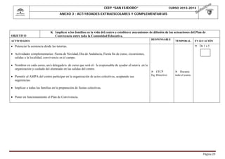 CEIP “SAN ISIDORO”

CURSO 2013-2014

ANEXO 3 : ACTIVIDADES EXTRAESCOLARES Y COMPLEMENTARIAS

OBJETIVO

K Implicar a las familias en la vida del centro y establecer mecanismos de difusión de las actuaciones del Plan de
Convivencia entre toda la Comunidad Educativa.

ACTIVIDADES

RESPONSABLE

TEMPORAL.

 Potenciar la asistencia desde las tutorías.

EVALUACIÓN


De 1 a 5

 Actividades complementarias: Fiesta de Navidad, Día de Andalucía, Fiesta fin de curso, excursiones,
salidas a la localidad, convivencia en el campo.
 Nombrar en cada curso, un/a delegado/a de curso que será el- la responsable de ayudar al tutor/a en la
organización y cuidado del alumnado en las salidas del centro.
ETCP
Eq. Directivo



 Permitir al AMPA del centro participar en la organización de actos colectivos, aceptando sus
sugerencias.

Durante
todo el curso.



 Implicar a todas las familias en la preparación de fiestas colectivas.
 Poner en funcionamiento el Plan de Convivencia.

Página	29	

 