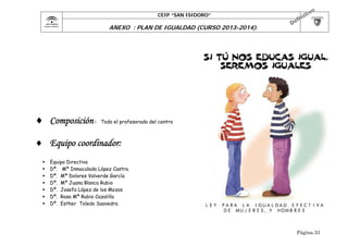 CEIP “SAN ISIDORO”

	

ANEXO : PLAN DE IGUALDAD (CURSO 2013-2014).

 Composición :

Todo el profesorado del centro

 Equipo coordinador:








Equipo Directivo
Dª. Mª Inmaculada López Castro.
Dª. Mª Dolores Valverde García
Dª. Mª Juana Blanca Rubio
Dª. Josefa López de los Mozos
Dª. Rosa Mª Rubio Cazalilla
Dª. Esther Toledo Saavedra

Página.33

 