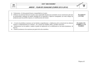 CEIP “SAN ISIDORO”

ANEXO : PLAN DE IGUALDAD (CURSO 2013-2014).

 Valoraremos el clima general de paz y tranquilidad en el centro.
 .Elaborar una memoria final por mi parte como responsable del proyecto (contando con las conclusiones del resto
de profesorado), mediante un análisis detallado de su desarrollo y objetivos conseguidos, así como reflejar las
propuestas para las posibles mejoras y/o modificaciones del mismo.

 . A través de periódicas reuniones con las familias comprobaremos y hablaremos de la evolución de los niños/as
respecto a comportamientos no violentos . Así, veremos las medidas, fallos y posibles soluciones.
 . Analizaremos con los padres y madres el grado de implicación en la colaboración en las tareas domésticas de
hijos/as.
 . Grado de asistencia a las reuniones por parte de los dos miembros.

En cuanto al
CENTRO

En cuanto a los
PADRES Y LAS
MADRES

Página.42

 