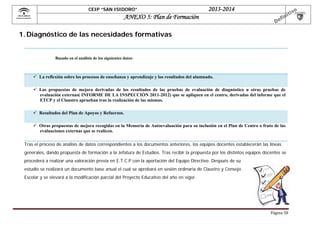  

CEIP “SAN ISIDORO”

2013-2014

ANEXO 5: Plan de Formación

1. Diagnóstico de las necesidades formativas

Basado en el análisis de los siguientes datos:

 La reflexión sobre los procesos de enseñanza y aprendizaje y los resultados del alumnado.
 Las propuestas de mejora derivadas de los resultados de las pruebas de evaluación de diagnóstico u otras pruebas de
evaluación externas( INFORME DE LA INSPECCIÓN 2011-2012) que se apliquen en el centro, derivadas del informe que el
ETCP y el Claustro aprueban tras la realización de las mismas.
 Resultados del Plan de Apoyos y Refuerzos.
 Otras propuestas de mejora recogidas en la Memoria de Autoevaluación para su inclusión en el Plan de Centro o fruto de las
evaluaciones externas que se realicen.
Tras el proceso de análisis de datos correspondientes a los documentos anteriores, los equipos docentes establecerán las líneas
generales, dando propuesta de formación a la Jefatura de Estudios. Tras recibir la propuesta por los distintos equipos docentes se
procederá a realizar una valoración previa en E.T.C.P con la aportación del Equipo Directivo. Después de su
estudio se realizará un documento base anual el cual se aprobará en sesión ordinaria de Claustro y Consejo
Escolar y se elevará a la modificación parcial del Proyecto Educativo del año en vigor.

Página	58	

 