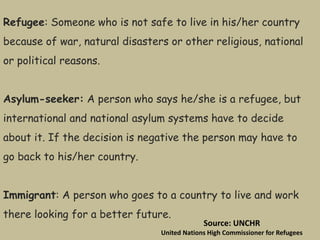 Refugee: Someone who is not safe to live in his/her country
because of war, natural disasters or other religious, national
or political reasons.
Asylum-seeker: A person who says he/she is a refugee, but
international and national asylum systems have to decide
about it. If the decision is negative the person may have to
go back to his/her country.
Immigrant: A person who goes to a country to live and work
there looking for a better future.
Source: UNCHR
United Nations High Commissioner for Refugees
