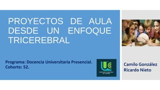PROYECTOS DE AULA
DESDE UN ENFOQUE
TRICEREBRAL
Programa: Docencia Universitaria Presencial.
Cohorte: 52.
Camilo González
Ricardo Nieto
 