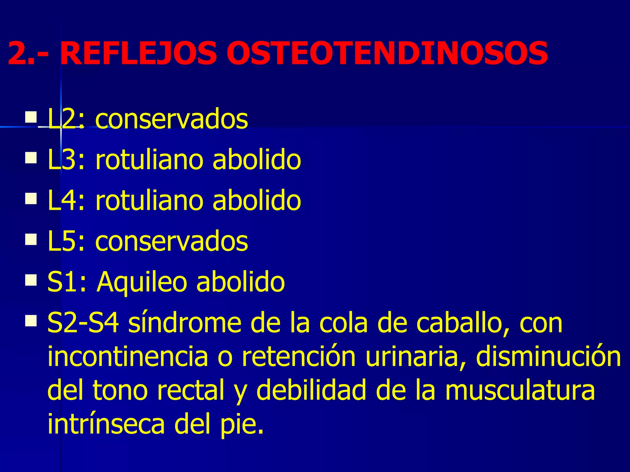 2.- REFLEJOS OSTEOTENDINOSOS L2: conservados L3: rotuliano abolido L4: rotuliano abolido L5: conservados S1: Aquileo abolido S2-S4 síndrome de la cola de caballo, con incontinencia o retención urinaria, disminución del tono rectal y debilidad de la musculatura intrínseca del pie. 