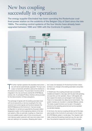15
T
o further maintain operation the obsolete small control-
lers will now be systematically upgraded. The input and
output components will still be used as the interface to
the sensors and actuators. The automation functions will be
integrated in the new and future oriented AC-870P/Melody
central units. A centralized Profibus interface will be provided
for the interconnection of these subsystems.
The exchange of signals with the existing automation level
will now be assured by a new bus coupling for the mea-
surement and control signals and functions between the
AC870P/Melody and the Contronic E. Fast and simple
configuration is carried out supported by the power station
designation system via the engineering stations of the two
sub-systems. After an automatic coupling run, these func-
tions are available system wide. A time-consuming and
cost intensive system extension with input and output mod-
ules and cabling is not necessary. Stopping plant opera-
tion is also not necessary for the technical function check,
as there is no change to the existing automation and protec-
tion concept.
In Rodenhuize, this coupling principle was successfully
installed and tested in a few days with the plant still operating
and was then put into operation. About 1,200 signals with
their original time-stamp are exchanged in both directions.
There is no measurable time delay due to transmission. The
system modules are mounted in a standard Melody cubicle.
The newly coupled functions can be seen in the graphic
pictures by the operating personnel and can be operated
via standard displays.
In the future, the new bus coupling will also permit the step-
wise transfer of the Contronic E automation to the modern
AC 870P/Melody system in small steps. This migration opti-
mally conserves the existing investment e.g. the user inter-
face, the protection equipment and the control concepts.
O Net
L-Bus
A-Bus
SA-Bus
HSI Network
HSI System
Workplaces
Contronic E
Island 1 Island 2
SC Net
Melody / AC 870P
C Net
SSC Net
CCC 30 E CCC 30
CCC30CMX 40
Profibus
3rd-party System
CCO 20
New bus coupling
successfully in operation
The energy supplier Electrabel has been operating the Rodenhuize coal-
fired power station on the outskirts of the Belgian City of Gent since the late
1960s. The existing control systems of the four blocks have already been
upgraded between 1990 and 1995 with the Contronic E system.
 