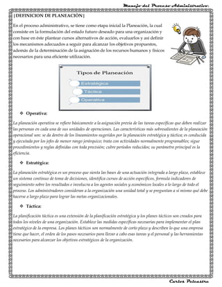 Manejo del Proceso Administrativo.
Carlos Pelcastre
|DEFINICION DE PLANEACIÓN|
En el proceso administrativo, se tiene como etapa inicial la Planeación, la cual
consiste en la formulación del estado futuro deseado para una organización y
con base en éste plantear cursos alternativos de acción, evaluarlos y así definir
los mecanismos adecuados a seguir para alcanzar los objetivos propuestos,
además de la determinación de la asignación de los recursos humanos y físicos
necesarios para una eficiente utilización.
v Operativa:
La planeación operativa se refiere básicamente a la asignación previa de las tareas específicas que deben realizar
las personas en cada una de sus unidades de operaciones. Las características más sobresalientes de la planeación
operacional son: se da dentro de los lineamientos sugeridos por la planeación estratégica y táctica; es conducida
y ejecutada por los jefes de menor rango jerárquico; trata con actividades normalmente programables; sigue
procedimientos y reglas definidas con toda precisión; cubre períodos reducidos; su parámetro principal es la
eficiencia.
v Estratégica:
La planeación estratégica es un proceso que sienta las bases de una actuación integrada a largo plazo, establece
un sistema continuo de toma de decisiones, identifica cursos de acción específicos, formula indicadores de
seguimiento sobre los resultados e involucra a los agentes sociales y económicos locales a lo largo de todo el
proceso. Los administradores consideran a la organización una unidad total y se preguntan a sí mismo qué debe
hacerse a largo plazo para lograr las metas organizacionales.
v Táctica:
La planificación táctica es una extensión de la planificación estratégica y los planes tácticos son creados para
todos los niveles de una organización. Establece las medidas específicas necesarias para implementar el plan
estratégico de la empresa. Los planes tácticos son normalmente de corto plazo y describen lo que una empresa
tiene que hacer, el orden de los pasos necesarios para llevar a cabo esas tareas y el personal y las herramientas
necesarios para alcanzar los objetivos estratégicos de la organización.
 