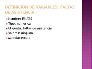  Nombre: FALTAS
 Tipo: numérica
 Etiqueta: faltas de asistencia
 Valores: ninguno
 Medida: escala
 