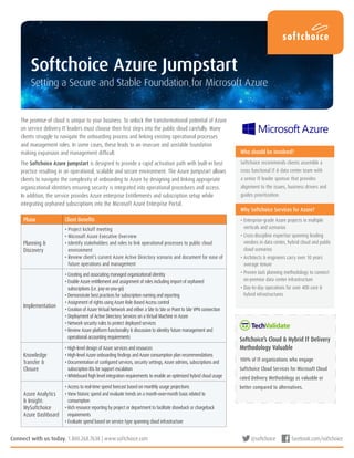 Who should be involved?
Softchoice recommends clients assemble a
cross functional IT & data center team with
a senior IT leader sponsor that provides
alignment to the issues, business drivers and
guides prioritization.
Softchoice Azure Jumpstart
Setting a Secure and Stable Foundation for Microsoft Azure
Why Softchoice Services for Azure?
• Enterprise-grade Azure projects in multiple
verticals and scenarios
• Cross-discipline expertise spanning leading
vendors in data center, hybrid cloud and public
cloud scenarios
• Architects  engineers carry over 10 years
average tenure
• Proven IaaS planning methodology to connect
on-premise data center infrastructure
• Day-to-day operations for over 400 core 
hybrid infrastructures
Connect with us today. 1.800.268.7638 | www.softchoice.com @softchoice facebook.com/softchoice
Softchoice’s Cloud  Hybrid IT Delivery
Methodology Valuable
100% of IT organizations who engage
Softchoice Cloud Services for Microsoft Cloud
rated Delivery Methodology as valuable or
better compared to alternatives.
Phase Client Benefits
Planning 
Discovery
• Project kickoff meeting
• Microsoft Azure Executive Overview
• Identify stakeholders and roles to link operational processes to public cloud
environment
• Review client’s current Azure Active Directory scenario and document for ease of
future operations and management
Implementation
• Creating and associating managed organizational identity
• Enable Azure entitlement and assignment of roles including import of orphaned
subscriptions (i.e. pay-as-you-go)
• Demonstrate best practices for subscription naming and reporting
• Assignment of rights using Azure Role Based Access control
• Creation of Azure Virtual Network and either a Site to Site or Point to Site VPN connection
• Deployment of Active Directory Services on a Virtual Machine in Azure
• Network security rules to protect deployed services
• Review Azure platform functionality  discussion to identity future management and
operational accounting requirements
Knowledge
Transfer 
Closure
• High-level design of Azure services and resources
• High-level Azure onboarding findings and Azure consumption plan recommendations
• Documentation of configured services, security settings, Azure admins, subscriptions and
subscription IDs for support escalation
• Whiteboard high level integration requirements to enable an optimized hybrid cloud usage
Azure Analytics
 Insight:
MySoftchoice
Azure Dashboard
• Access to real-time spend forecast based on monthly usage projections
• View historic spend and evaluate trends on a month-over-month basis related to
consumption
• Rich resource reporting by project or department to facilitate showback or chargeback
requirements
• Evaluate spend based on service type spanning cloud infrastructure
The promise of cloud is unique to your business. To unlock the transformational potential of Azure
on service delivery IT leaders must choose their first steps into the public cloud carefully. Many
clients struggle to navigate the onboarding process and linking existing operational processes
and management roles. In some cases, these leads to an insecure and unstable foundation
making expansion and management difficult.
The Softchoice Azure Jumpstart is designed to provide a rapid activation path with built-in best
practice resulting in an operational, scalable and secure environment. The Azure Jumpstart allows
clients to navigate the complexity of onboarding to Azure by designing and linking appropriate
organizational identities ensuring security is integrated into operational procedures and access.
In addition, the service provides Azure enterprise Entitlements and subscription setup while
integrating orphaned subscriptions into the Microsoft Azure Enterprise Portal.
 