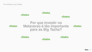 20
Por que investir no
Metaverso é tão importante
para as Big Techs?
+Dados
+Dados
+Dados +Dados
+Dados
+Dados
+Dados
+Dados
D e F a c e b o o k p a r a M e t a
 