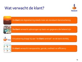Wat verwacht de klant?
15
De klant ziet digitalisering steeds meer als standaard dienstverlening
De klant verwacht oplossingen op basis van gegevens die bekend zijn
Virtualisering draagt bij aan “de klant centraal” en de bank dichtbij
De klant verwacht transparantie, gemak, snelheid en efficiency
 
