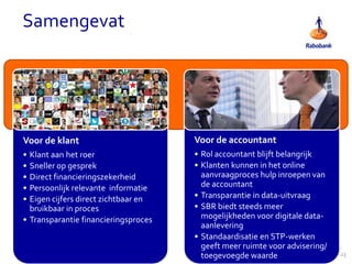 Samengevat
Voor de klant
• Klant aan het roer
• Sneller op gesprek
• Direct financieringszekerheid
• Persoonlijk relevante informatie
• Eigen cijfers direct zichtbaar en
bruikbaar in proces
• Transparantie financieringsproces
Voor de accountant
• Rol accountant blijft belangrijk
• Klanten kunnen in het online
aanvraagproces hulp inroepen van
de accountant
• Transparantie in data-uitvraag
• SBR biedt steeds meer
mogelijkheden voor digitale data-
aanlevering
• Standaardisatie en STP-werken
geeft meer ruimte voor advisering/
toegevoegde waarde 23
 