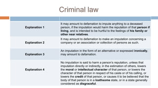 Criminal law
Explanation 1
It may amount to defamation to impute anything to a deceased
person, if the imputation would harm the reputation of that person if
living, and is intended to be hurtful to the feelings of his family or
other near relatives.
Explanation 2
It may amount to defamation to make an imputation concerning a
company or an association or collection of persons as such.
Explanation 3
An imputation in the form of an alternative or expressed ironically,
may amount to defamation.
Explanation 4
No imputation is said to harm a person’s reputation, unless that
imputation directly or indirectly, in the estimation of others, lowers
the moral or intellectual character of that person, or lowers the
character of that person in respect of his caste or of his calling, or
lowers the credit of that person, or causes it to be believed that the
body of that person is in a loathsome state, or in a state generally
considered as disgraceful.
 