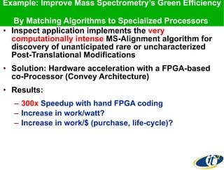 Example: Improve Mass Spectrometry’s Green Efficiency  By Matching Algorithms to Specialized Processors  Inspect application implements the  very computationally intense  MS-Alignment algorithm for discovery of unanticipated rare or uncharacterized Post-Translational Modifications Solution: Hardware acceleration with a FPGA-based co-Processor (Convey Architecture) Results:  300x  Speedup with hand FPGA coding Increase in work/watt? Increase in work/$ (purchase, life-cycle)? 