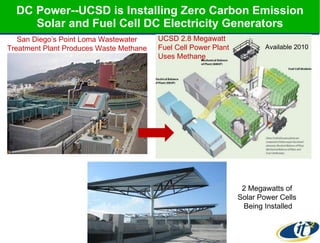 DC Power--UCSD is Installing Zero Carbon Emission Solar and Fuel Cell DC Electricity Generators San Diego’s Point Loma Wastewater Treatment Plant Produces Waste Methane UCSD 2.8 Megawatt  Fuel Cell Power Plant  Uses Methane 2 Megawatts of  Solar Power Cells  Being Installed Available 2010 