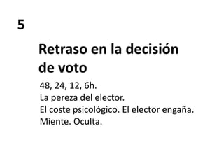 5
Retraso en la decisión
de voto
48, 24, 12, 6h.
La pereza del elector.
El coste psicológico. El elector engaña.
Miente. Oculta.
 