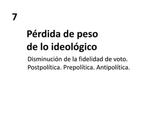 7
Pérdida de peso
de lo ideológico
Disminución de la fidelidad de voto.
Postpolítica. Prepolítica. Antipolítica.
 