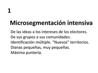1
Microsegmentación intensiva
De las ideas a los intereses de los electores.
De sus grupos a sus comunidades.
Identificación múltiple. “Nuevos” territorios.
Dianas pequeñas, muy pequeñas.
Máxima puntería.
 