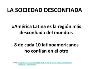 LA SOCIEDAD DESCONFIADA
«América Latina es la región más
desconfiada del mundo».
8 de cada 10 latinoamericanos
no confían en el otro
Fuente: La confianza en América Latina 1995-2015, 20 años de opinión pública latinoamericana
Corporación Latinobarómetro
 