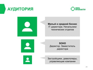 АУДИТОРИЯ

Малый и средний бизнес
IT директора. Начальники
технических отделов

SOHO
Директор. Заместитель
директора

Застройщики, девелоперы,
управляющие компании
25

 