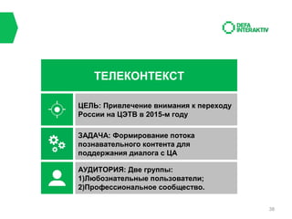 ТЕЛЕКОНТЕКСТ
ЦЕЛЬ: Привлечение внимания к переходу
России на ЦЭТВ в 2015-м году
ЗАДАЧА: Формирование потока
познавательного контента для
поддержания диалога с ЦА
АУДИТОРИЯ: Две группы:
1)Любознательные пользователи;
2)Профессиональное сообщество.
38

 