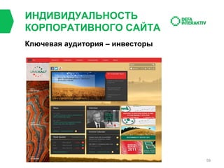 ИНДИВИДУАЛЬНОСТЬ
КОРПОРАТИВНОГО САЙТА
Ключевая аудитория – инвесторы

59

 