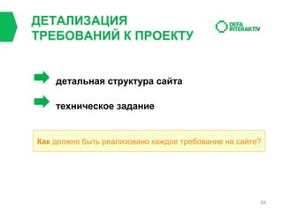 ДЕТАЛИЗАЦИЯ
ТРЕБОВАНИЙ К ПРОЕКТУ

детальная структура сайта
техническое задание

Как должно быть реализовано каждое требование на сайте?

84

 