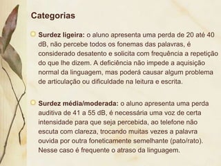 Categorias

 Surdez ligeira: o aluno apresenta uma perda de 20 até 40
 dB, não percebe todos os fonemas das palavras, é
 considerado desatento e solicita com frequência a repetição
 do que lhe dizem. A deficiência não impede a aquisição
 normal da linguagem, mas poderá causar algum problema
 de articulação ou dificuldade na leitura e escrita.


 Surdez média/moderada: o aluno apresenta uma perda
 auditiva de 41 a 55 dB, é necessária uma voz de certa
 intensidade para que seja percebida, ao telefone não
 escuta com clareza, trocando muitas vezes a palavra
 ouvida por outra foneticamente semelhante (pato/rato).
 Nesse caso é frequente o atraso da linguagem.
 