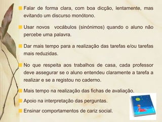 Falar de forma clara, com boa dicção, lentamente, mas
evitando um discurso monótono.

Usar novos vocábulos (sinónimos) quando o aluno não
percebe uma palavra.

Dar mais tempo para a realização das tarefas e/ou tarefas
mais reduzidas.

No que respeita aos trabalhos de casa, cada professor
deve assegurar se o aluno entendeu claramente a tarefa a
realizar e se a registou no caderno.

Mais tempo na realização das fichas de avaliação.

Apoio na interpretação das perguntas.

Ensinar comportamentos de cariz social.
 