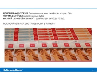 ЦЕЛЕВАЯ АУДИТОРИЯ: больные сахарным диабетом, возраст 30+
ФОРМА ВЫПУСКА: алюминиевые тубы
НИЗКИЙ ЦЕНОВОЙ СЕГМЕНТ: уровень цен от 60 до 70 руб.

ИСКЛЮЧИТЕЛЬНАЯ ДИСТРИБЬЮЦИЯ В АПТЕКИ




                                                            9
 